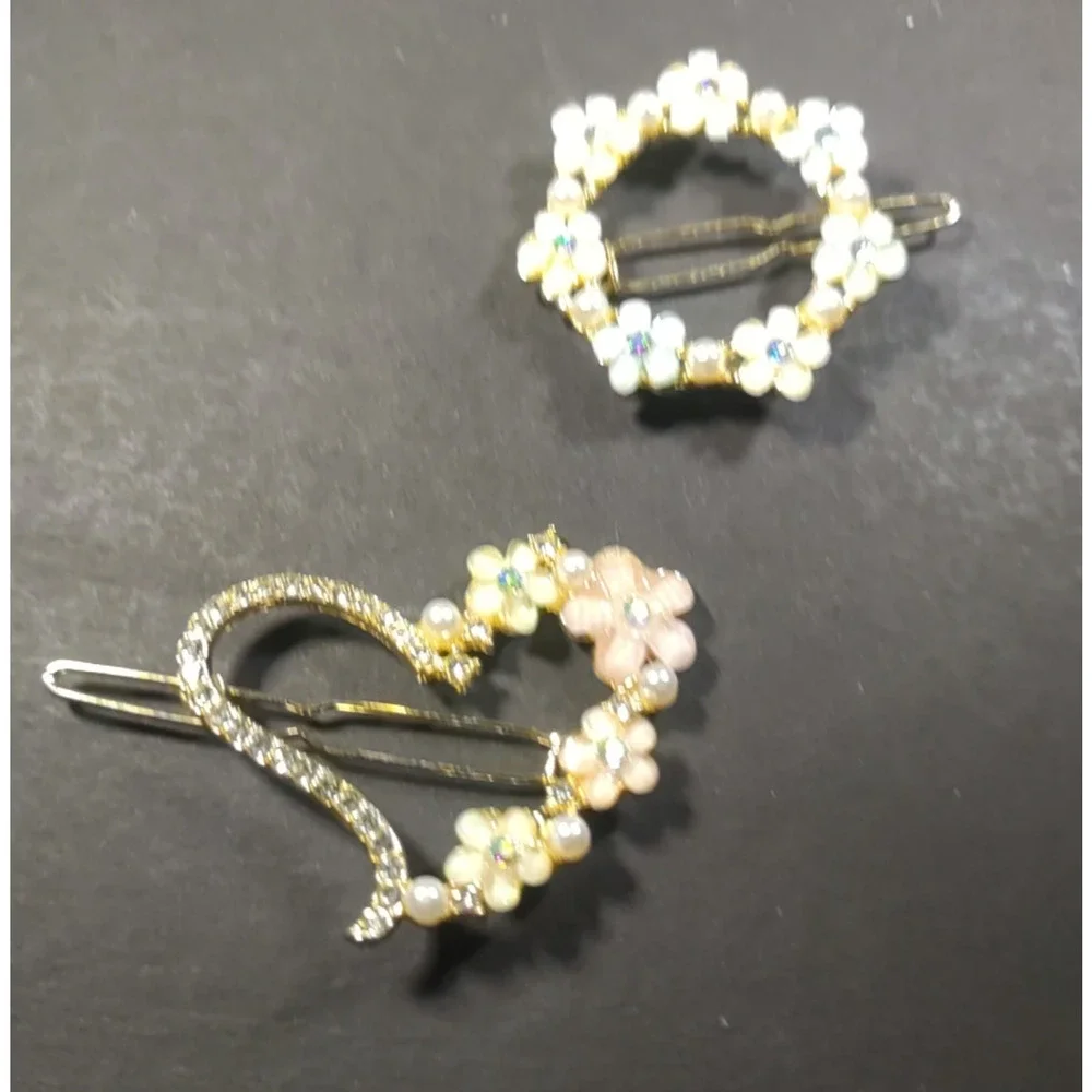 Set Of 2 Hair Barrettes Heart Circle Pink Green Floral Rhinestone